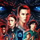 The primary cast of Stranger Things 4, and the villain, Vecna, in the background.